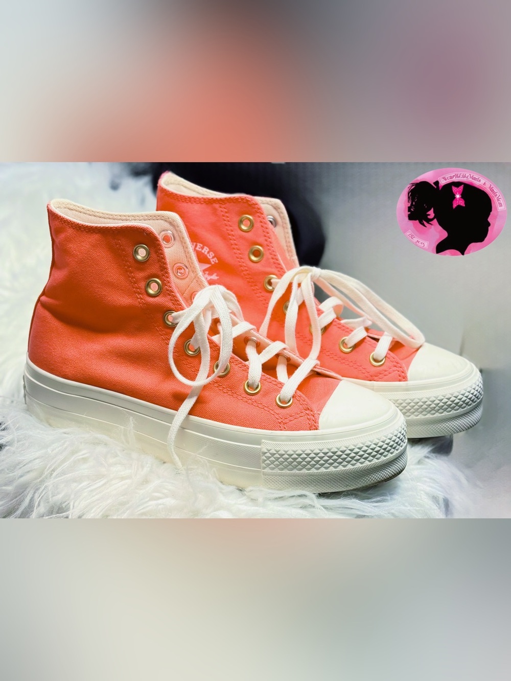 Converse Coral-Pink Platform Vintage High-Top Sneakers with Gold Eyelets